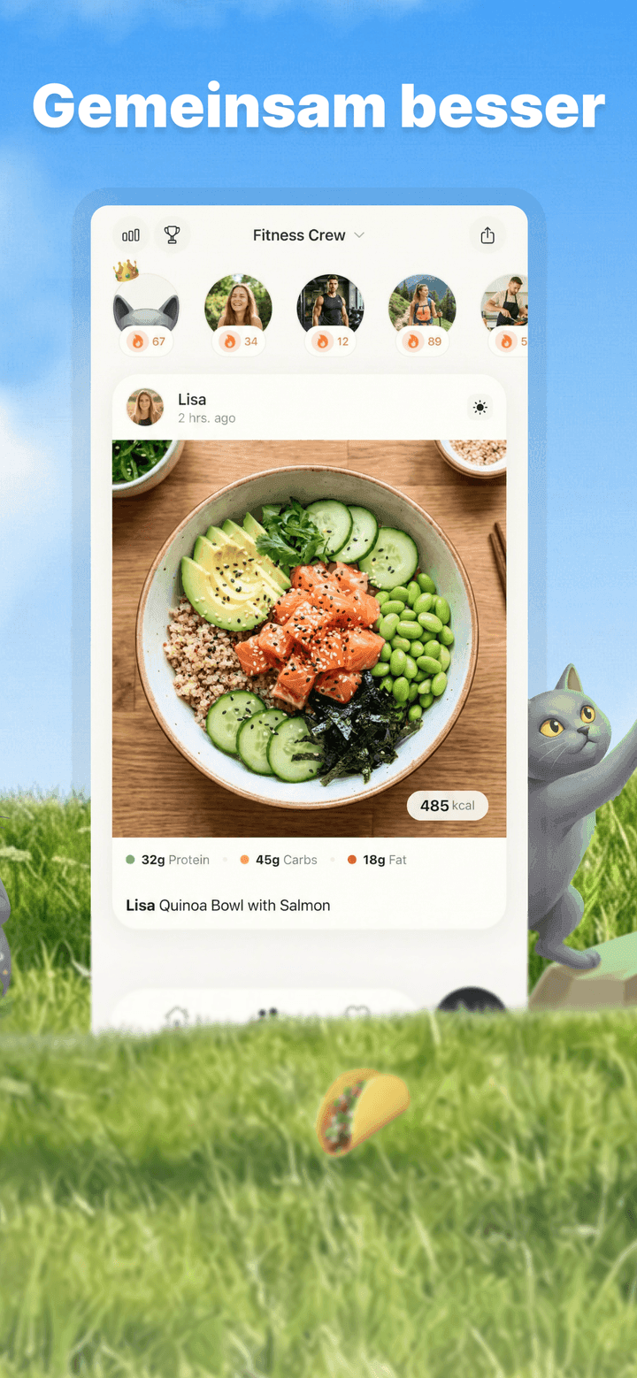 Kairo Gruppen-Feed mit geteilten Mahlzeiten und Emoji-Reaktionen