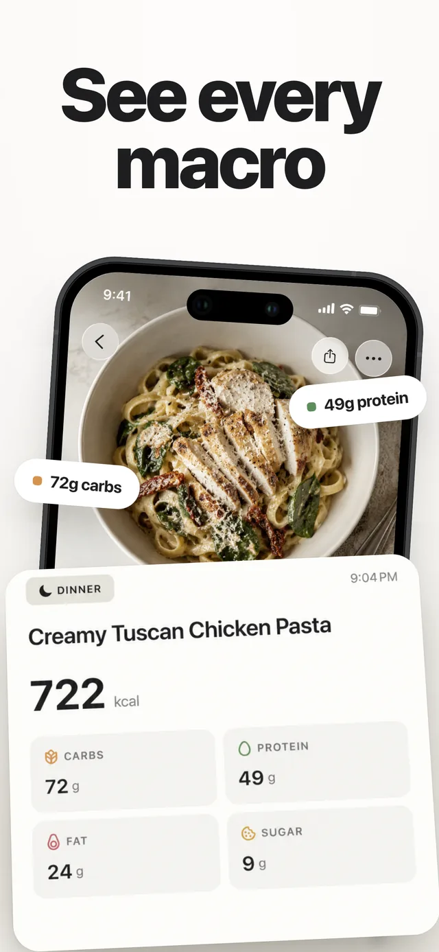 Kairo meal detail of a pasta dish with 722 kcal and every macronutrient